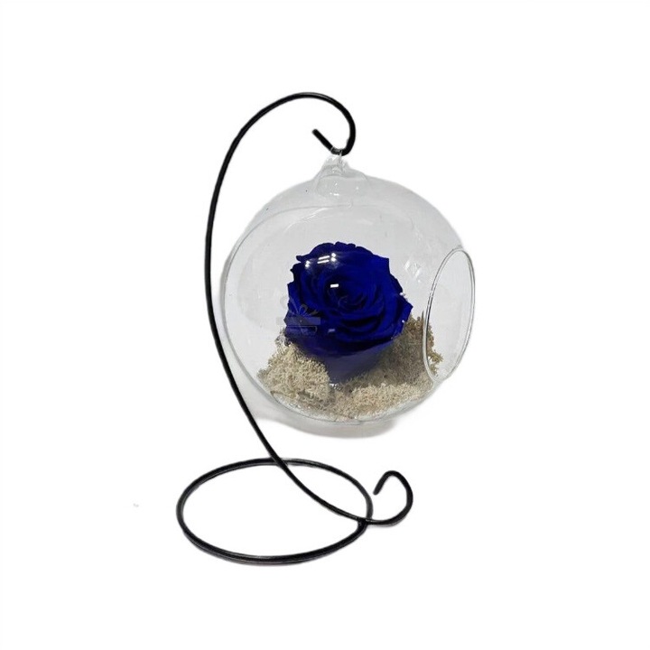 Trandafir Criogenat, in Glob de Sticla Suspendat, 12cm, Albastru, Kdeco