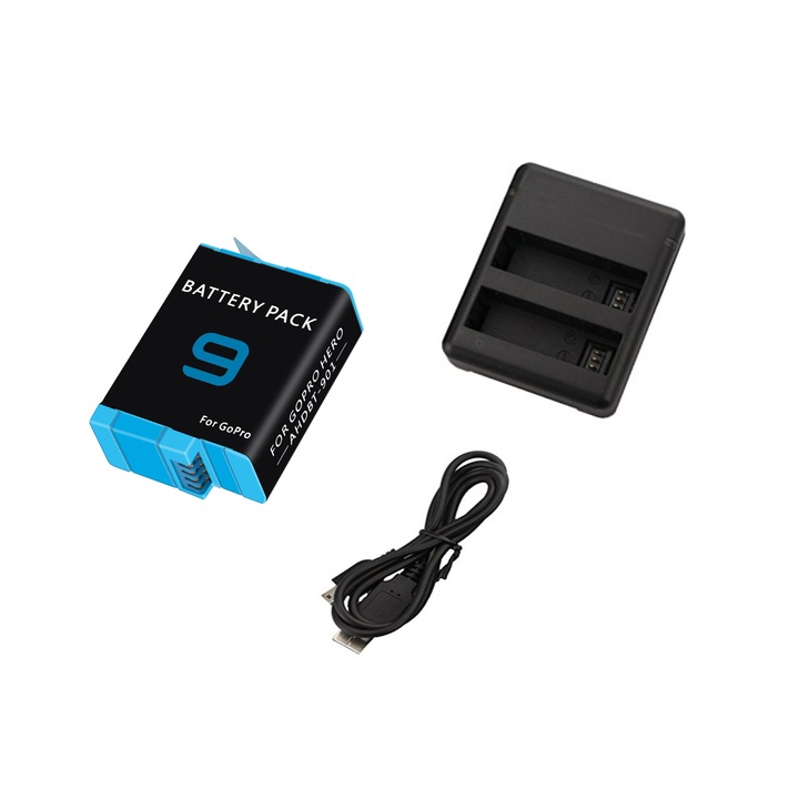 Комплект 1 х Зарядно с два слота и 1 х Батерия 1800 mAh, 4.4 V, 6.93 Wh, за GoPro Hero 9 10 11 12, заедно с кабел