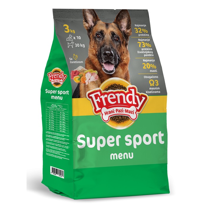 Hrana uscata pentru caini toate taliile si toate rasele, caini activi, sportivi si foarte activi. FRENDY SUPER SPORT 10Kg-Amestec complet pentru toate taliile si toate rasele, -10 kg