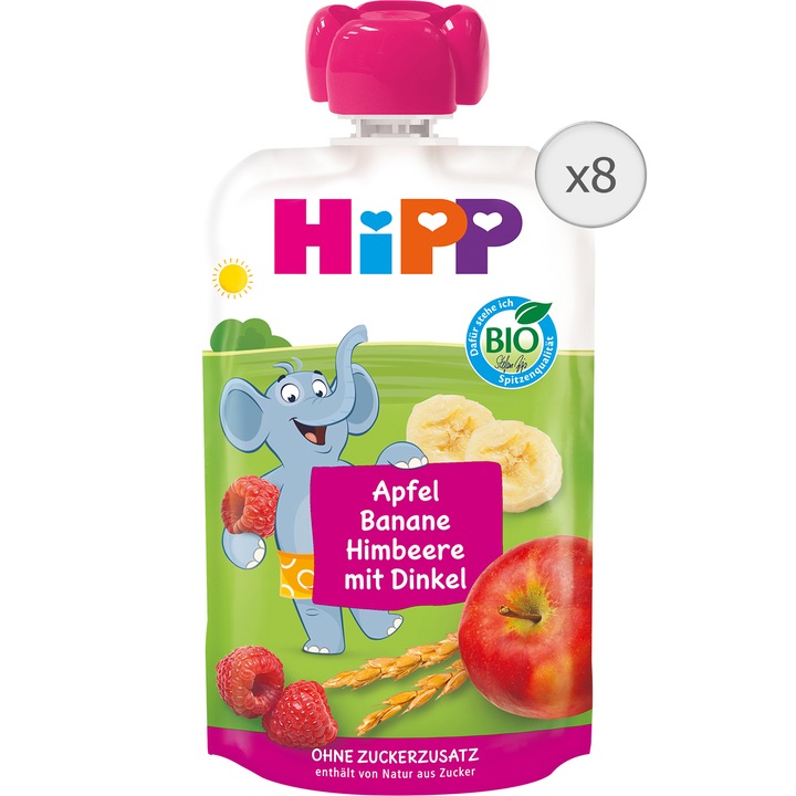 Pachet Piure de fructe HIPP, mar, banana, zmeura si grau, 8x100g