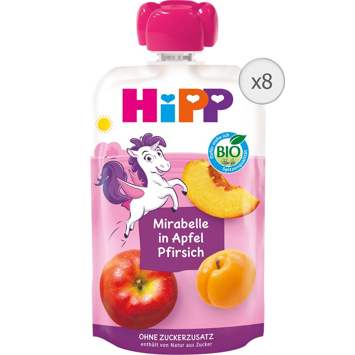 Pachet Piure de fructe HIPP, prune, mirabelle cu mar si piersica, 8x100g, de la 1 an