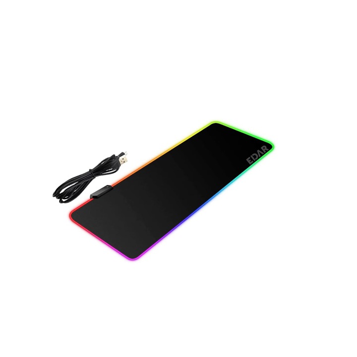 EDAR, Gaming egérpad RGB LED-del, 13 világítási mód, méretek 80x30 cm, csúszásmentes, vízálló, fényváltó gomb, fekete