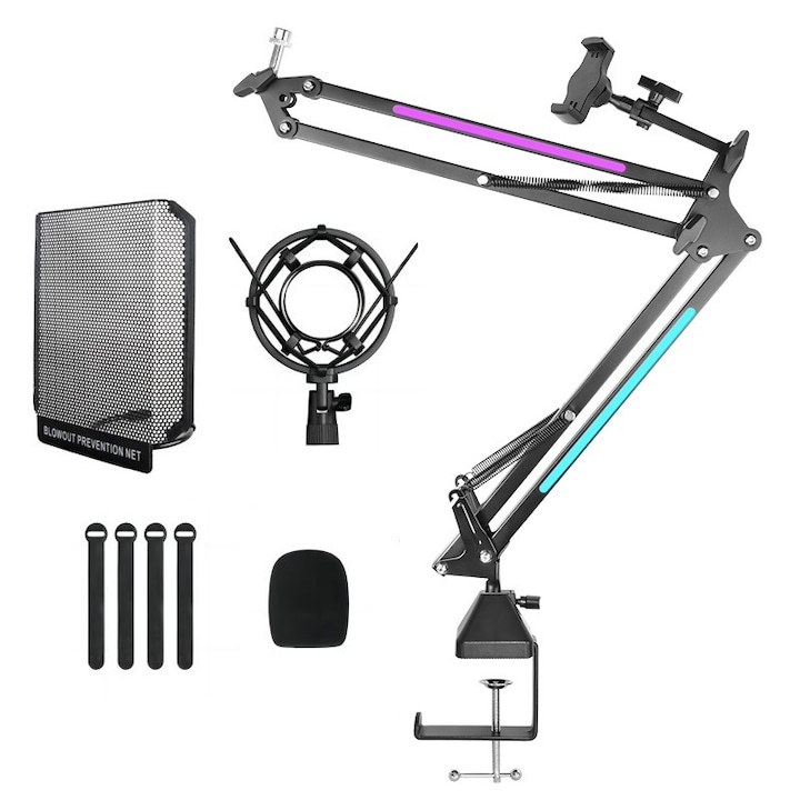 Brat microfon cu RGB, brat microfon cu clema de montare pe birou, control comutator, mod RGB, adaptor, gestionare cabluri, compatibil cu HyperX Quadcast, Blue Yeti, pentru streaming, jocuri, studio, WALALLA, Negru mat