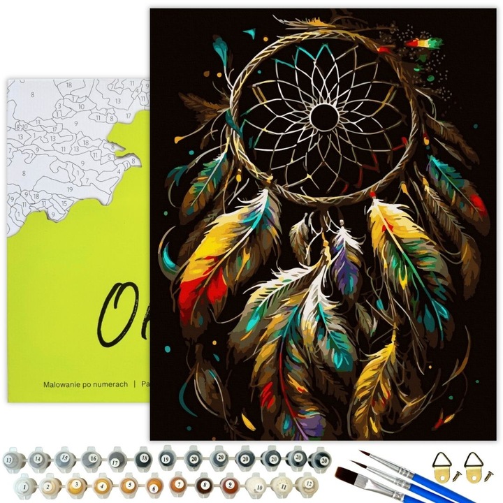 Oh Art!, Картина по номера ВЪРХУ ЧЕРНО ПЛАТНО 40x50см - Пълен комплект с черно номерирано платно, Картина с креативна рамка "Цветен ловец на сънища" Направи си сам за възрастни и деца