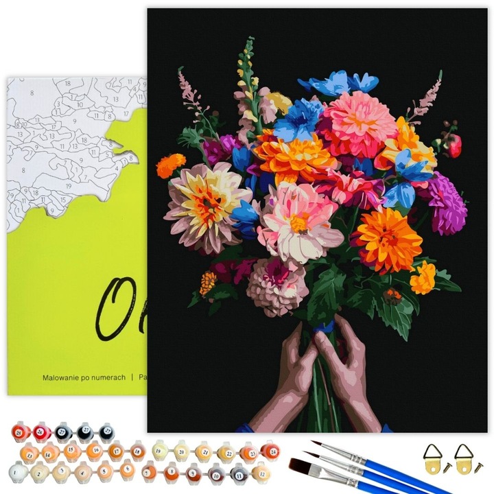Pictura pe numere PE PANZA NEAGRA 40x50cm - Set complet cu panza numerotata neagra, Tablou cu Rama Flori „Buchet colorat” DIY pentru Adulti si Copii - Oh Art!®