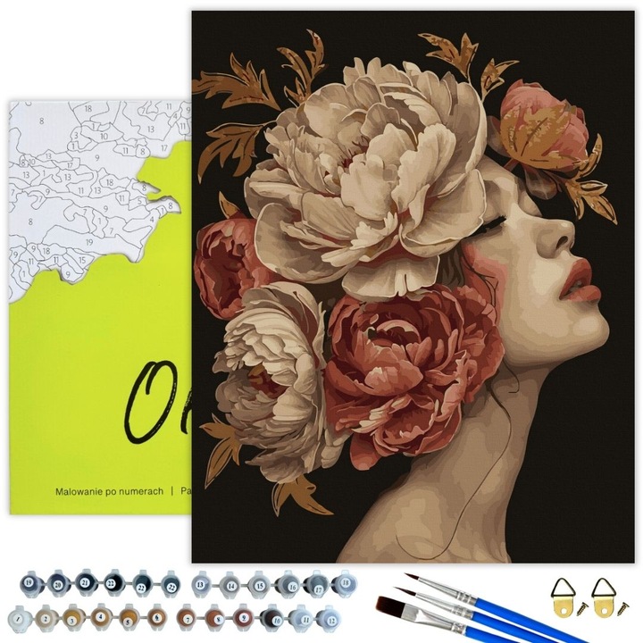 Картина по номера ВЪРХУ ЧЕРНО ПЛАТНО 40x50см - Пълен комплект с номерирано платно със златна блестяща боя, Творческа картина в рамка "Момиче и красиви божури" Направи си сам за възрастни и деца - Oh Art!®