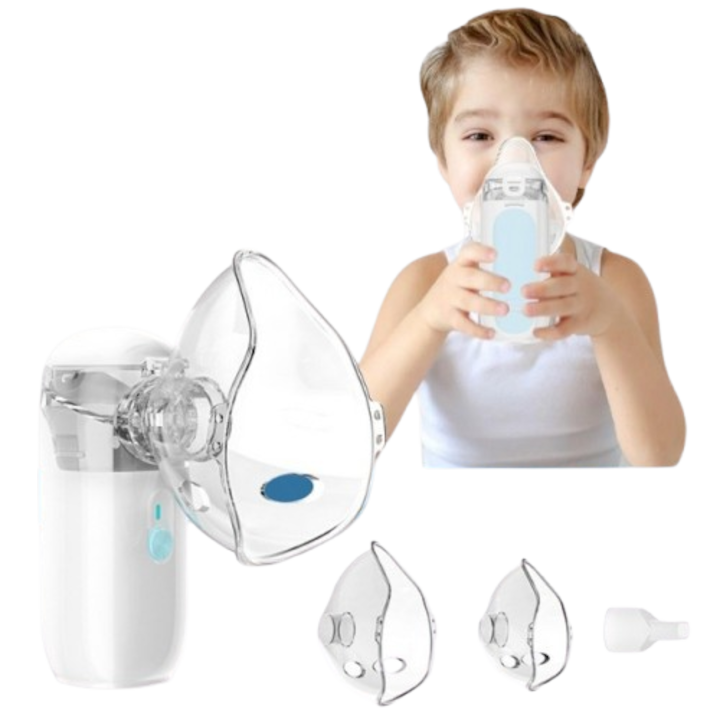 Dispozitiv aerosol portabil, nebulizator ultrasonic, inhalator micro-mesh, alb, pentru adulti si copii