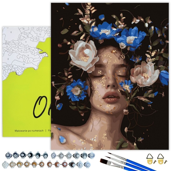 Картина по номера ВЪРХУ ЧЕРНО ПЛАТНО 40x50см - Пълен комплект с номерирано платно със златна блестяща боя, Картина в рамка Жена и цветя "Момиче и сини божури в злато" Направи си сам за възрастни и деца - Oh Art!®