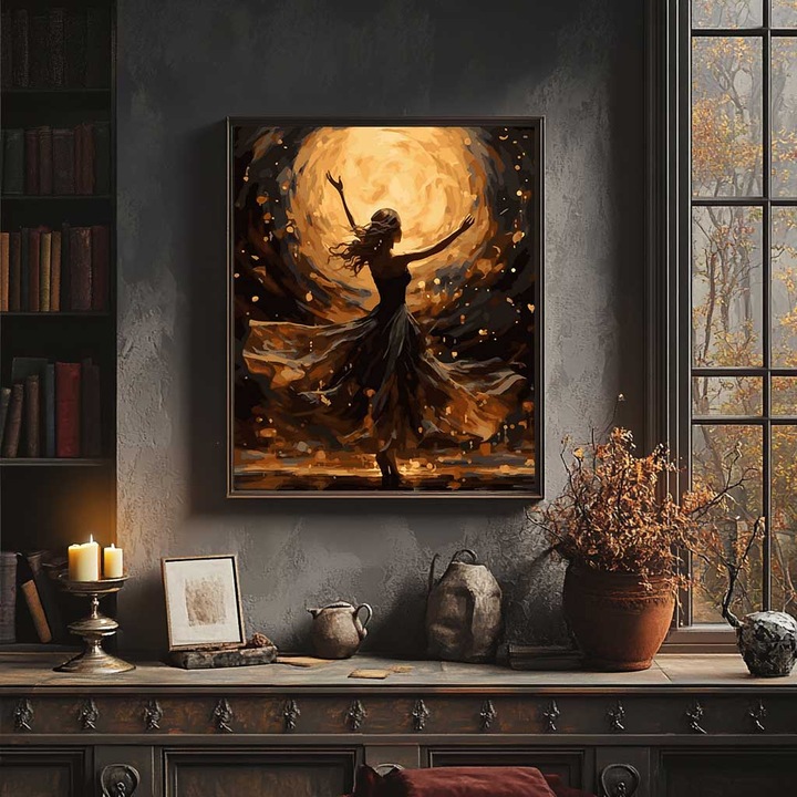 Set pictura pe numere, cu sasiu, Dansand cu luna - canvas negru, 40x50 cm