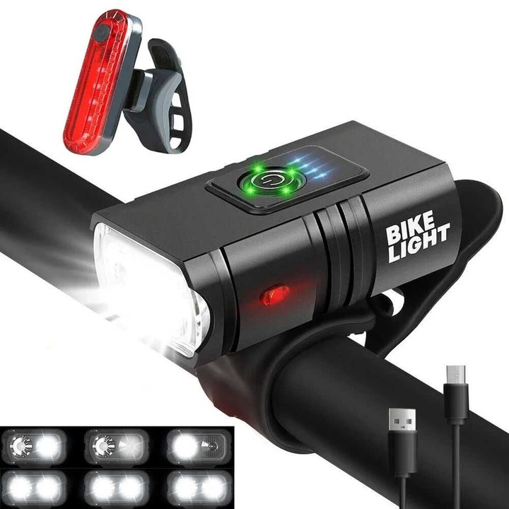 Комплект от 2 велосипедни фара, алуминиева сплав, 1200 лумена, 6 режима, USB зареждане, черни