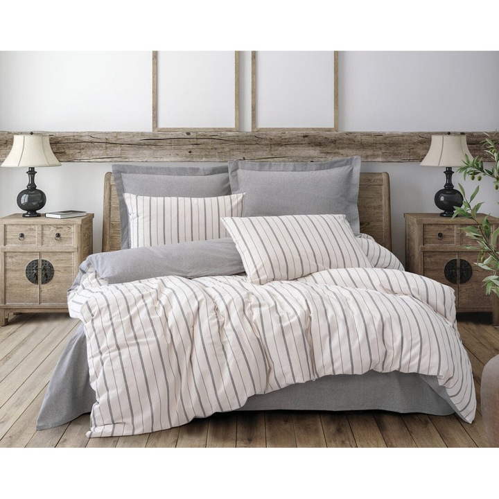 Lenjerie de pat dublu, 6 Piese, bumbac 100% ranforce, Cottonbox, model Unus-Gri