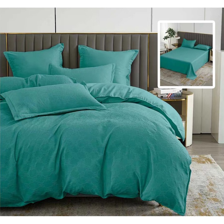 Finet Natur UNI barokk franciaágynemű 6 db, lepedő 230x250 cm, paplan 200x230 cm, 2 db 50x70 és 70x70 cm párnahuzat, Türkiz, Pucioasa