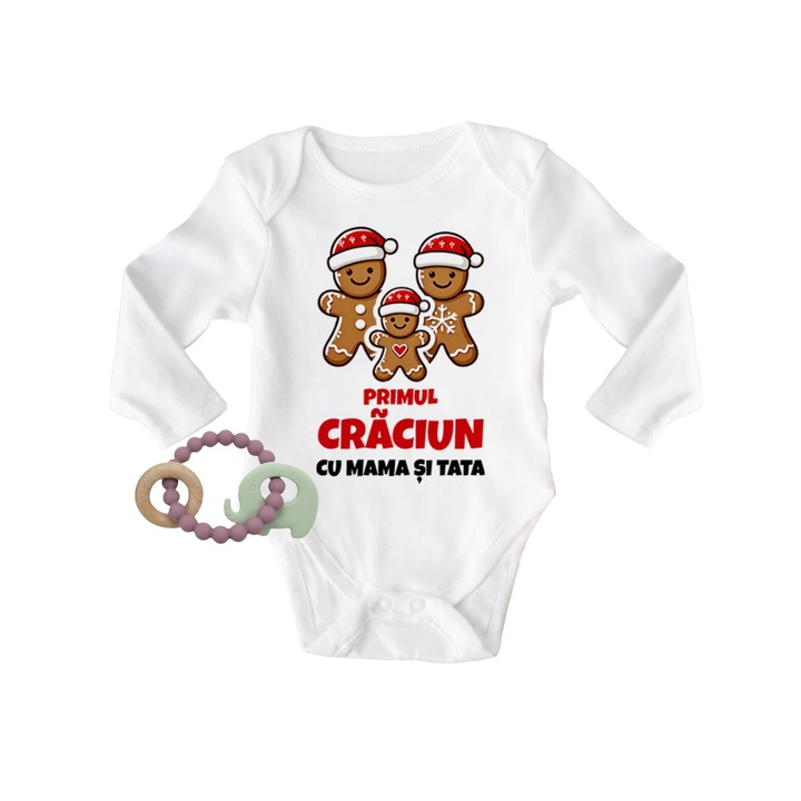 Set body personalizat de Craciun cu jucarie zornaitoare in forma de elefant - material silicon si lemn, 74 cm