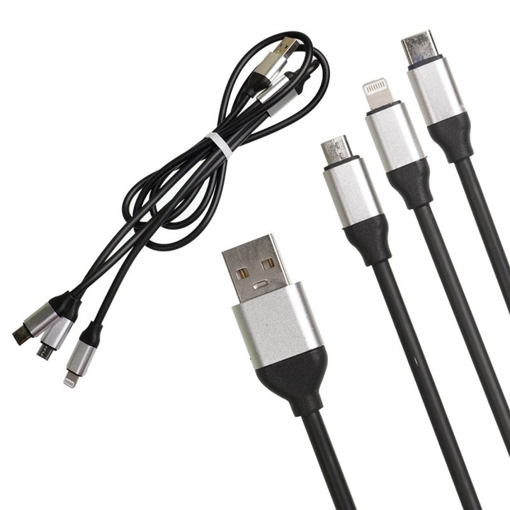 Cablu de date si incarcare Rapida pentru Huawei, compatibil Samsung, Xiaomi, 3 in 1, USB, Type C, Lightning, Micro-USB, NEGRU