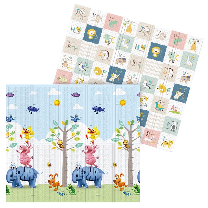 Covor de joaca termic pentru copii XXL, VichemaToys®, 200x180x1.5 cm, Material XPE de inalta densitate, 2 fete, Pliabil, Impermeabil, non-toxic, Ecologic, Antialunecare, Izolant, Interactiv si educativ, pentru interior sau exterior, Elefant