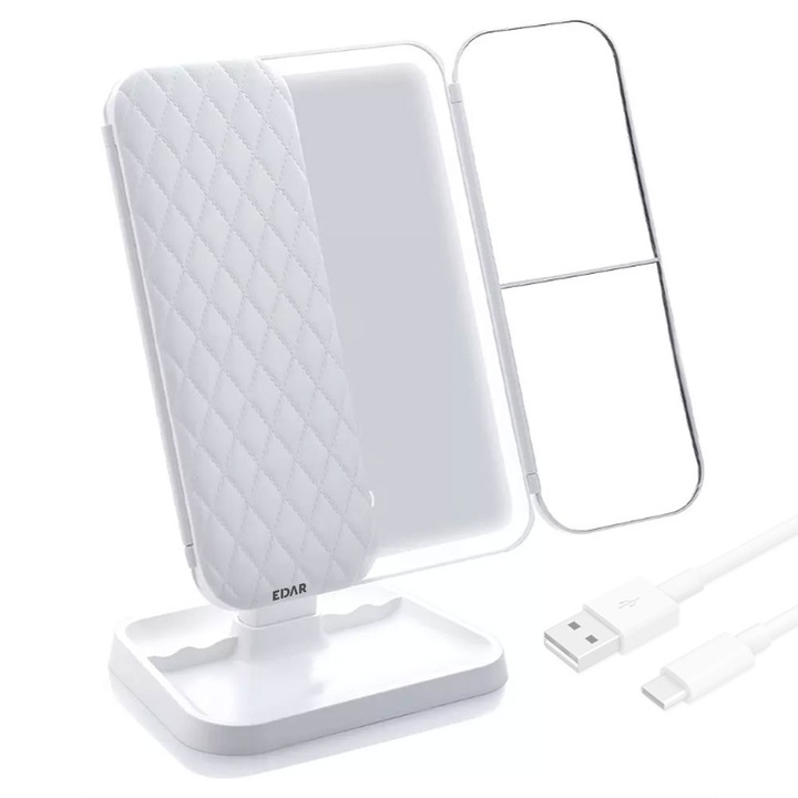 EDAR összecsukható tükör LED-del, kozmetikumok, állvány, USB táp, 2X, 3X nagyítás, érintés, semleges fény, meleg, hideg, tárolóhely, fehér