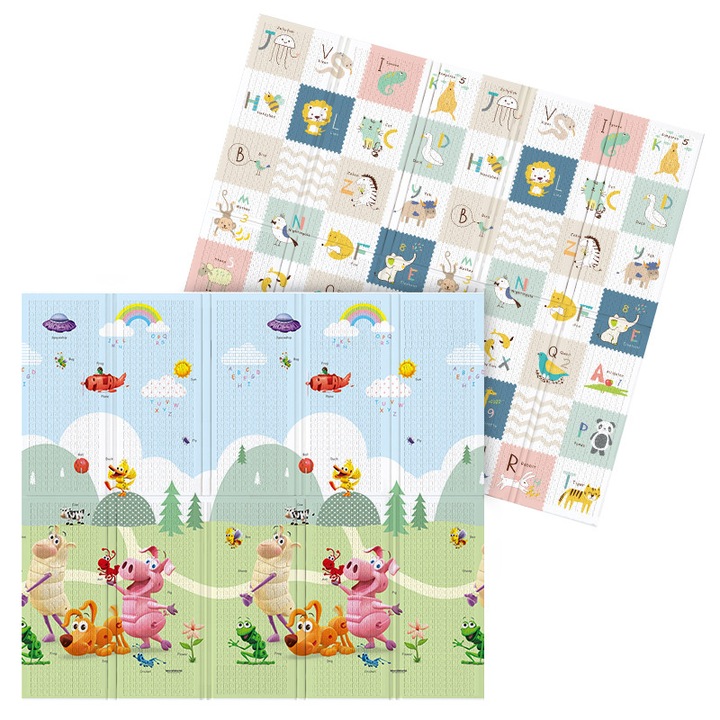 Covor de joacă pliabil pentru copii, VICHEMA Tech, reversibil, impermeabil, verde multicolor, 200x180x1 cm