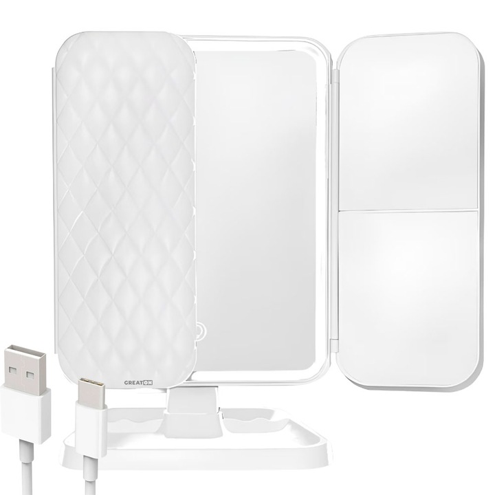 GREATON kozmetikai tükör semleges LED-fénnyel, meleg vagy hideg, összecsukható, lábbal ellátott állvány, állítható dőlésszög, USB töltés, 2X, 3X nagyítás, fehér