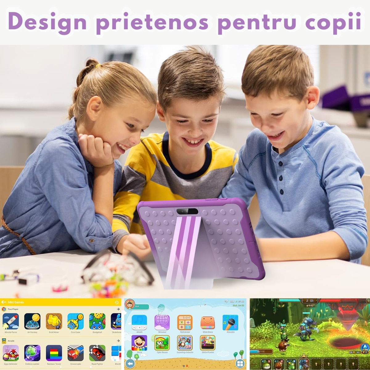 Tableta pentru copii de 10 inch Dasbo®, Sistem Android 13, 2GB RAM, 64GB ROM (extensibila la 128GB), Software pentru copii preinstalat, Ecran tactil cu sistem control parental, Bluetooth, WiFi, camera dubla 2MP + 8MP, Mov