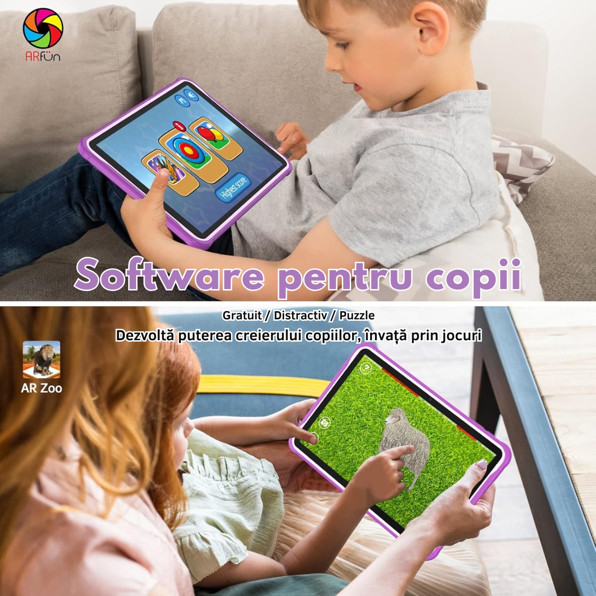 Tableta pentru copii de 10 inch Dasbo®, Sistem Android 13, 2GB RAM, 64GB ROM (extensibila la 128GB), Software pentru copii preinstalat, Ecran tactil cu sistem control parental, Bluetooth, WiFi, camera dubla 2MP + 8MP, Mov