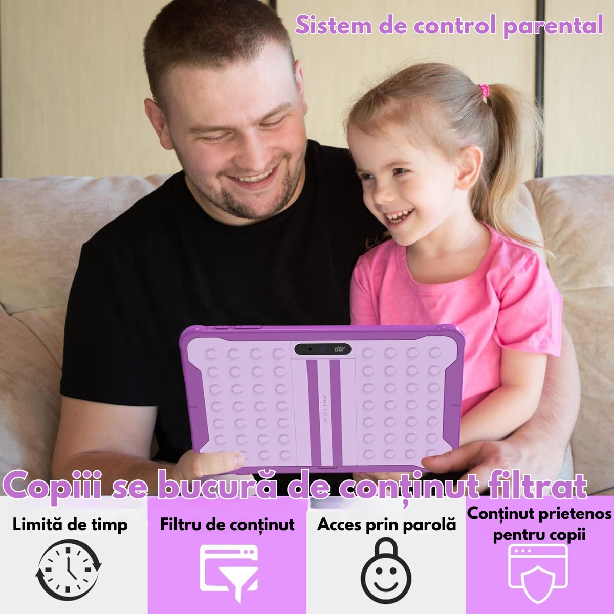 Tableta pentru copii de 10 inch Dasbo®, Sistem Android 13, 2GB RAM, 64GB ROM (extensibila la 128GB), Software pentru copii preinstalat, Ecran tactil cu sistem control parental, Bluetooth, WiFi, camera dubla 2MP + 8MP, Mov