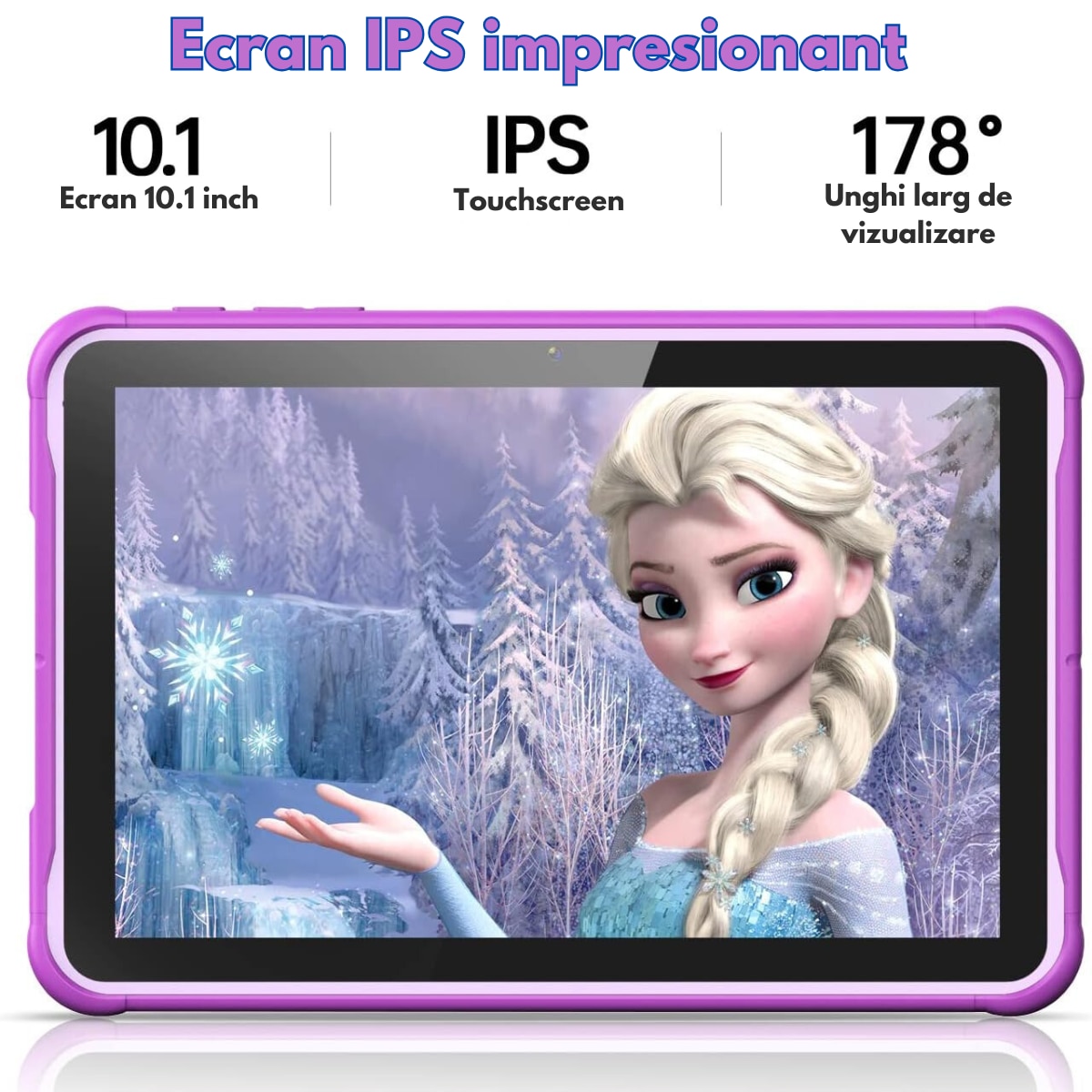 Tableta pentru copii de 10 inch Dasbo®, Sistem Android 13, 2GB RAM, 64GB ROM (extensibila la 128GB), Software pentru copii preinstalat, Ecran tactil cu sistem control parental, Bluetooth, WiFi, camera dubla 2MP + 8MP, Mov