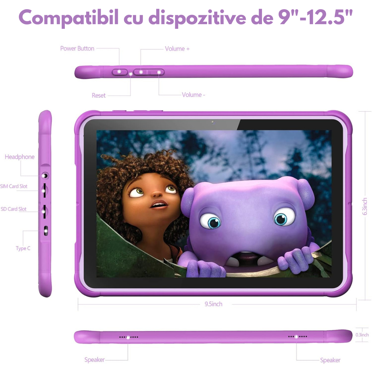 Tableta pentru copii de 10 inch Dasbo®, Sistem Android 13, 2GB RAM, 64GB ROM (extensibila la 128GB), Software pentru copii preinstalat, Ecran tactil cu sistem control parental, Bluetooth, WiFi, camera dubla 2MP + 8MP, Mov