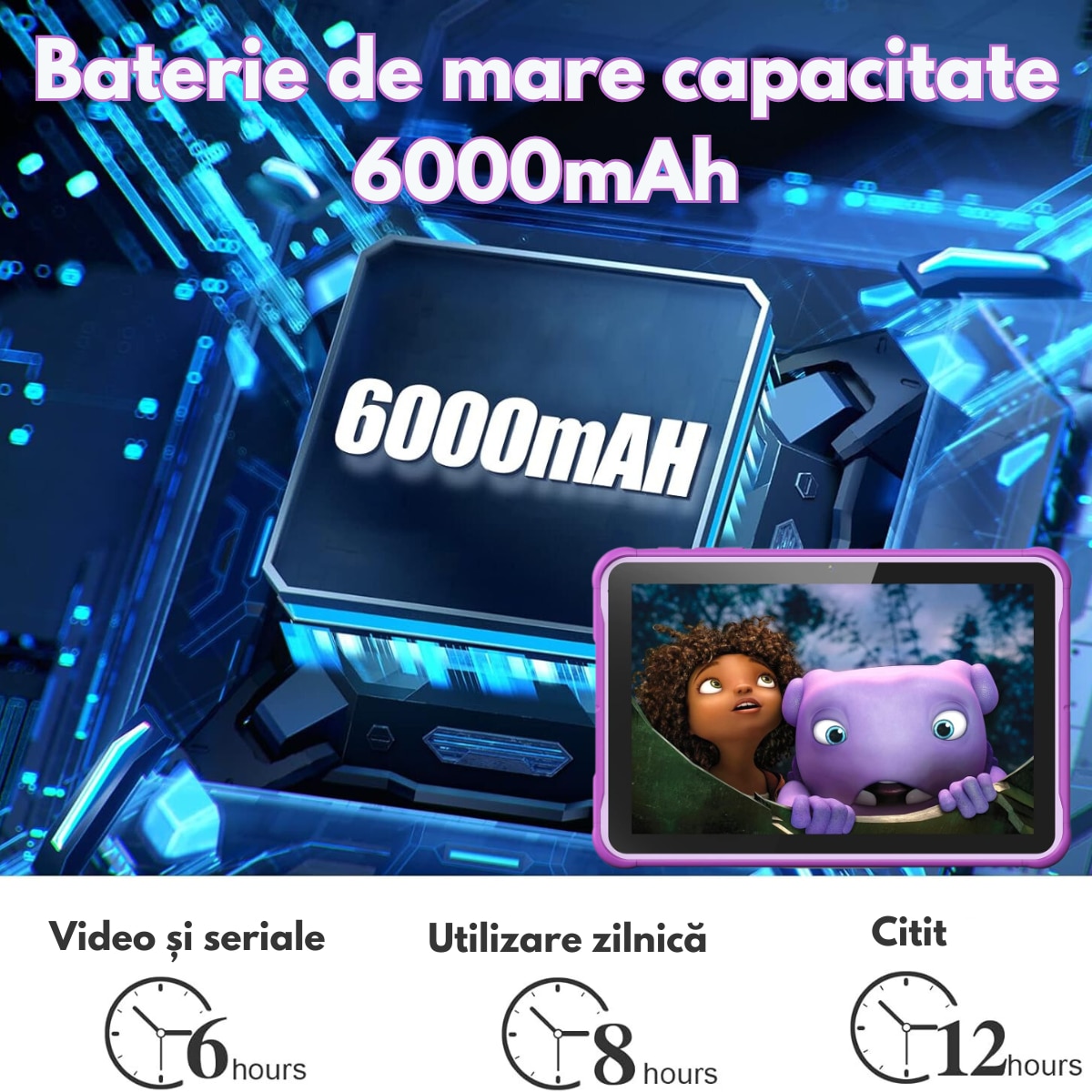 Tableta pentru copii de 10 inch Dasbo®, Sistem Android 13, 2GB RAM, 64GB ROM (extensibila la 128GB), Software pentru copii preinstalat, Ecran tactil cu sistem control parental, Bluetooth, WiFi, camera dubla 2MP + 8MP, Mov