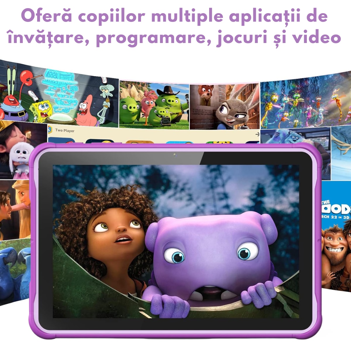 Tableta pentru copii de 10 inch Dasbo®, Sistem Android 13, 2GB RAM, 64GB ROM (extensibila la 128GB), Software pentru copii preinstalat, Ecran tactil cu sistem control parental, Bluetooth, WiFi, camera dubla 2MP + 8MP, Mov