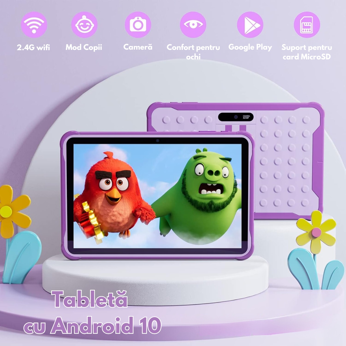 Tableta pentru copii de 10 inch Dasbo®, Sistem Android 13, 2GB RAM, 64GB ROM (extensibila la 128GB), Software pentru copii preinstalat, Ecran tactil cu sistem control parental, Bluetooth, WiFi, camera dubla 2MP + 8MP, Mov