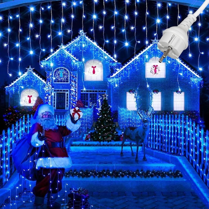 Instalatie Craciun Tip Turturi GREATON Pentru Exterior Sau Interior, Ghirlanda Tip Perdea Cu Franjuri, 8 Moduri De Lumina, Alimentare La Priza, Interconectabila, 12 Metri, 300 Leduri, Albastru, Fir Alb