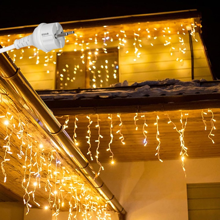 Ghirlanda Luminoasa Tip Franjuri EDAR, Instalatie De Craciun Perdea Pentru Exterior/Interior, 50m, 1000 Leduri, Fir Alb, Flash, Interconectabila, Un Mod De Lumina, Alb Cald