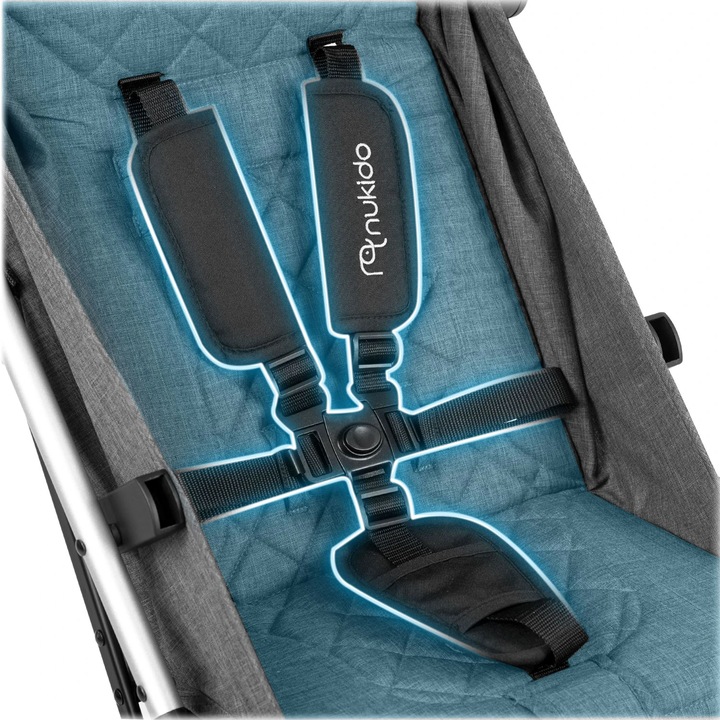 Carucior, cadru usor si durabil, roti de 360° cu suspensie, centuri de siguranta in 5 puncte, spatar reglabil, pliabil, sarcina maxima 15 kg, husa de ploaie si pentru picioare, gri inchis