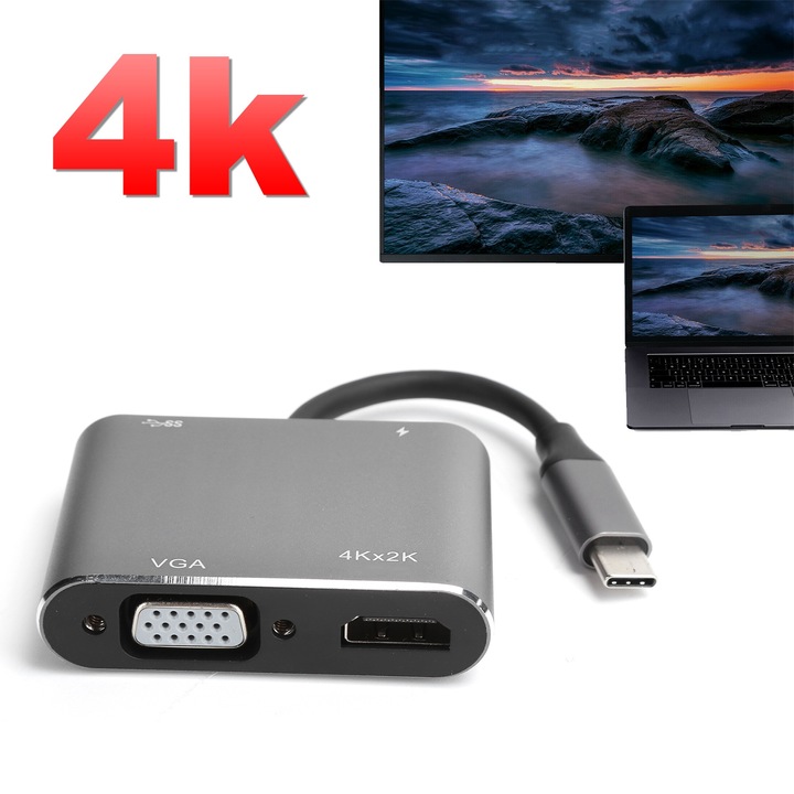 C típusú multimédiás interfész HD VGA USB3.0 USB-C dokkolóállomáshoz 4 az 1-ben USB-C 4K átalakító