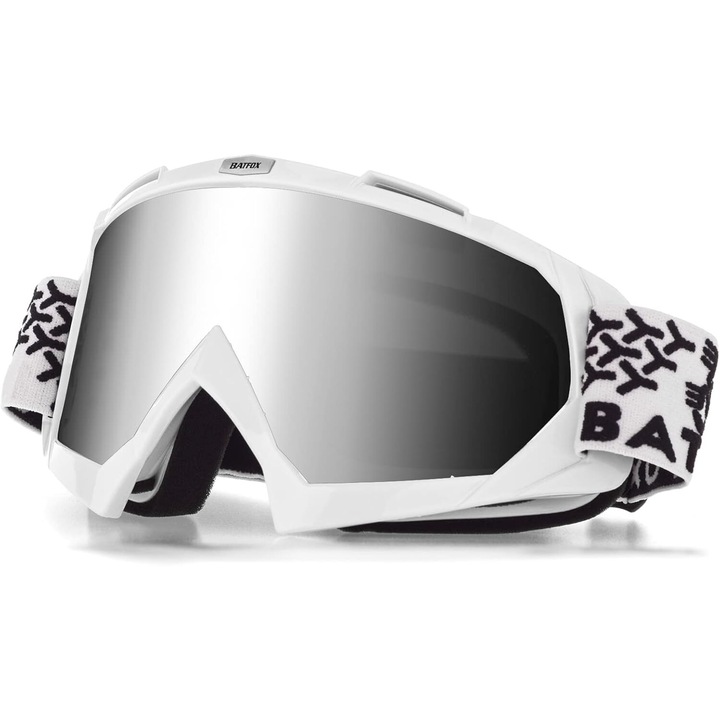 Ochelari sport Batfox, Moto/ Enduro/ ATV Cross/ Downhill/ Ski policarbonat/plastic, lentile colorate, protectie UV, alb/argintiu