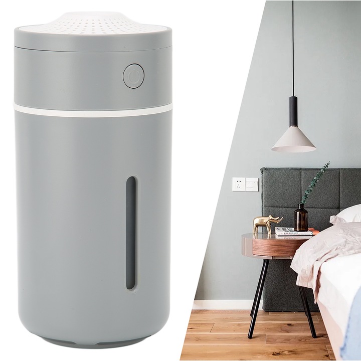 Jormftte hordozható párásító, mini, 2 permetezési mód, szürke színű, méretek 68x68x143mm