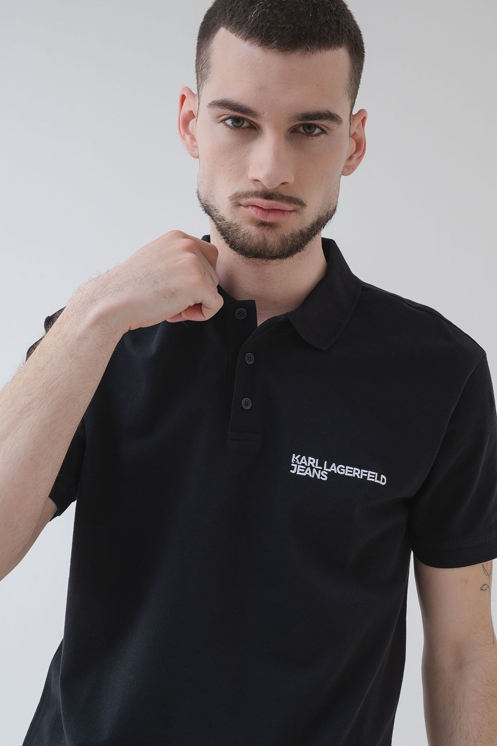 KARL LAGERFELD JEANS, Tricou polo de bumbac cu logo, Alb, Negru, L
