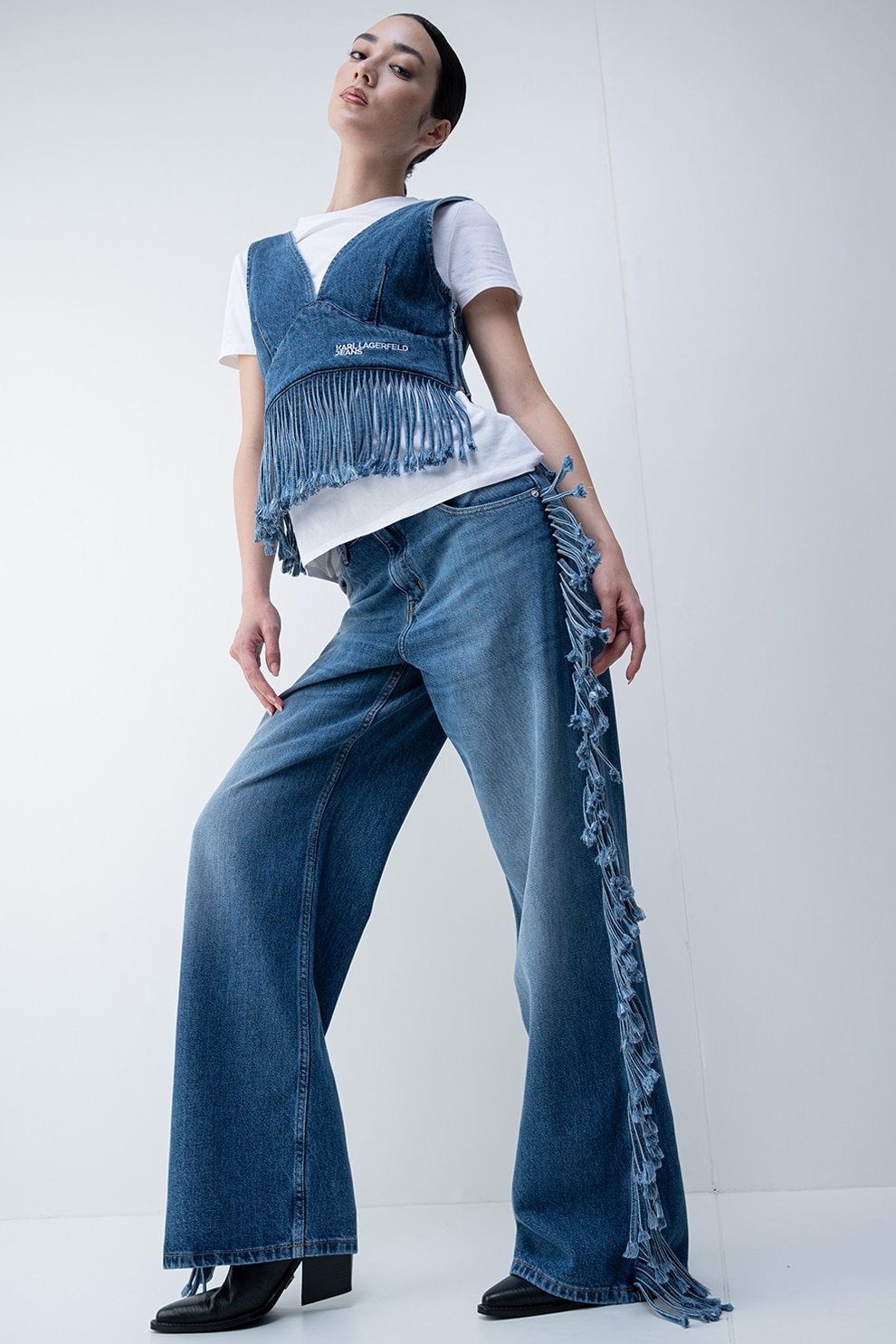 KARL LAGERFELD JEANS, Top crop de denim cu terminatie franjurata