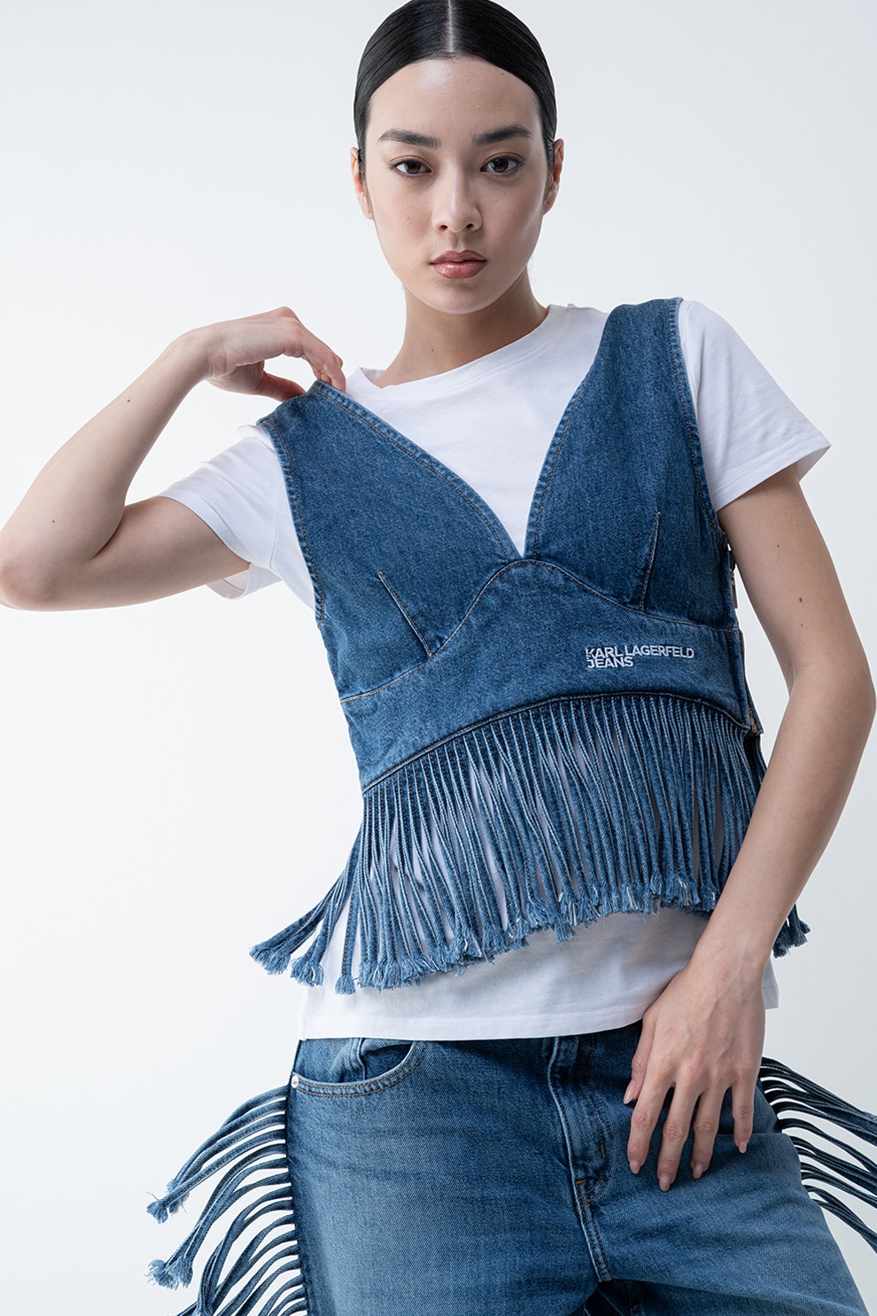 KARL LAGERFELD JEANS, Top crop de denim cu terminatie franjurata