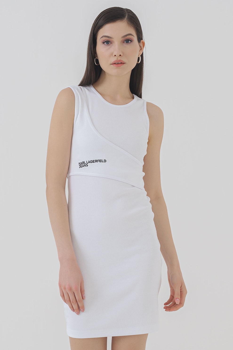 KARL LAGERFELD JEANS, Rochie mini cambrata cu logo, Alb, L