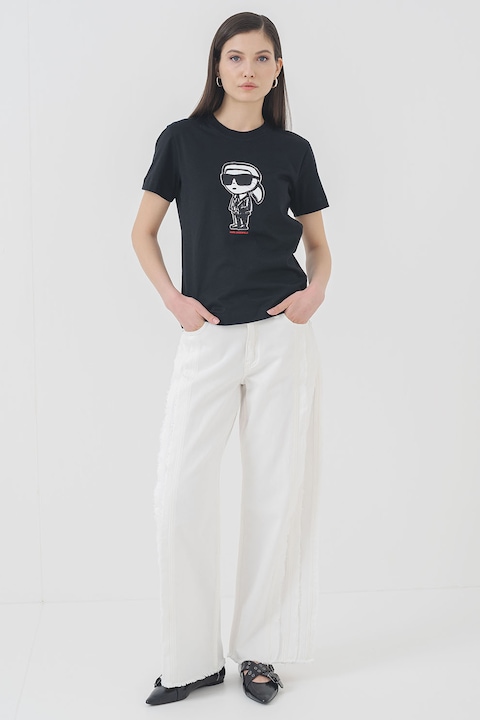 Karl Lagerfeld, Tricou de bumbac organic cu imprimeu logo, Alb/Negru