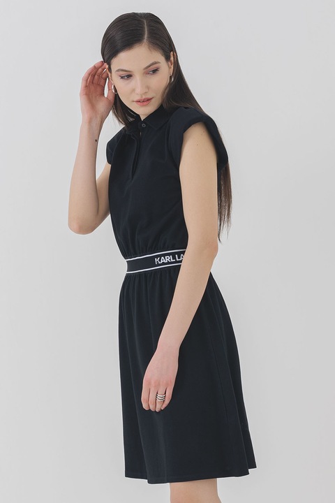Karl Lagerfeld, Rochie mini evazata cu guler polo, Negru/Alb murdar