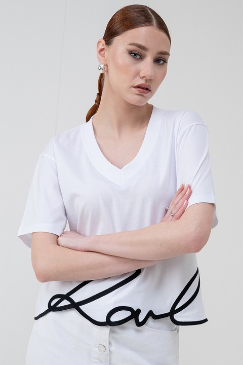 Karl Lagerfeld, Tricou supradimensionat Signature, Negru/Alb optic