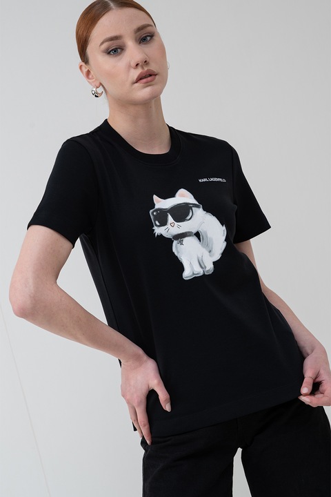 Karl Lagerfeld, Tricou de bumbac organic cu model grafic, Alb/Negru stins/Piersica