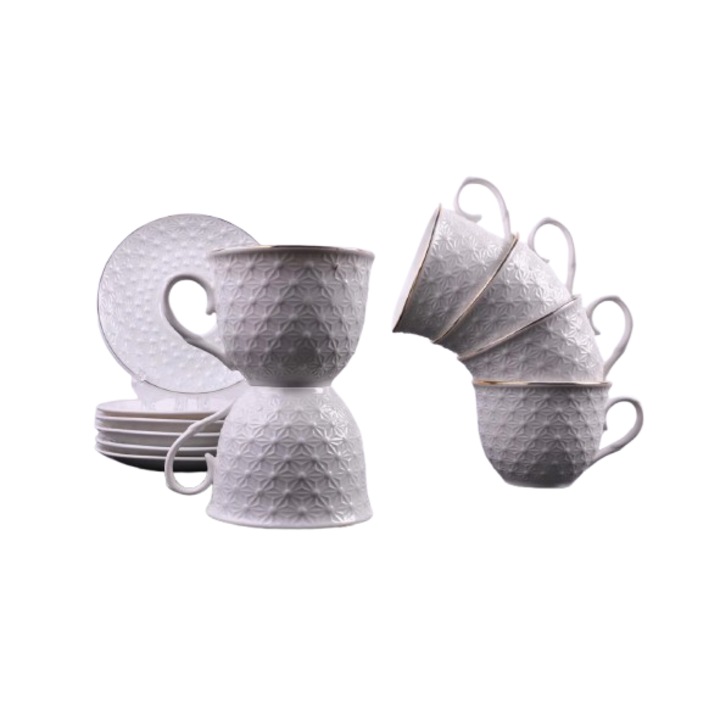 Set 6 cesti de portelan, Malook, Alb cu insertii aurii, 250 ml