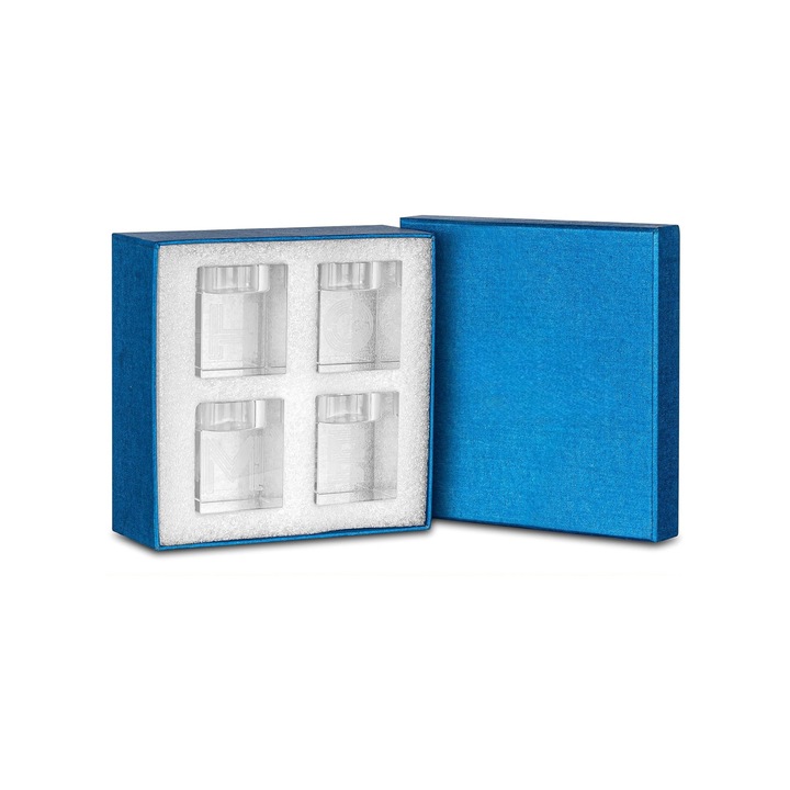 4 db üveg gyertyatartó készlet, HOME felirat, Modern Design, Elegáns, Robusztus és strapabíró, Ünnepekre, Ünnepi asztalok, Díszdobozba csomagolva, 5 x 6 cm, Átlátszó