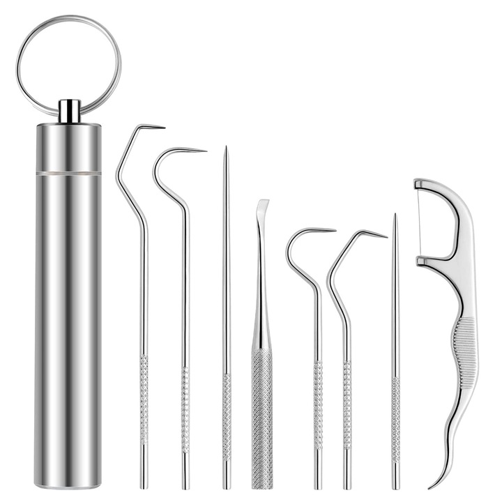 9 db-os fogászati eszköz készlet, Axroad Mall, Dobozával, Hordozható, Csúszásgátló kialakítás, Könnyen használható, Korrózió- és kopásálló, Újrafelhasználható, Fogtisztításhoz, Rozsdamentes acél, Ezüst