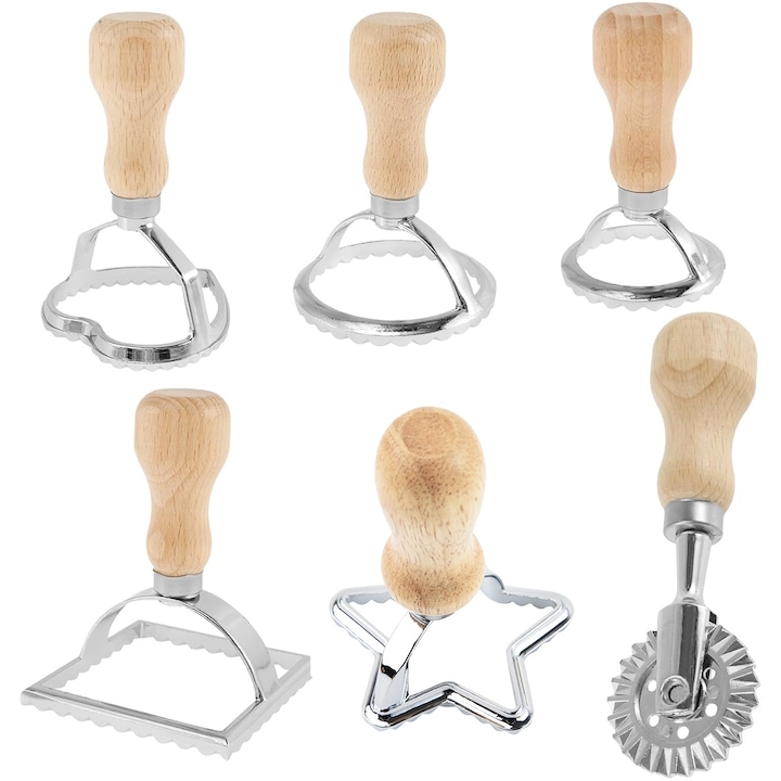 Set de 6 forme pentru ravioli, Axroad Mall, Cu maner de protectie, Margine zimtata, Piese de diferite marimi confectionate din inox pentru a face fursecuri in forma de cerc, stea, inima, Lemn/Metal, 14x9x9.5 cm, Maro/Argintiu