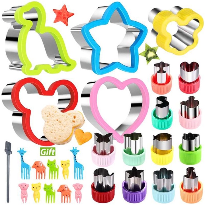 Set 28 accesorii mancare, Axroad Mall, 12 forme animale si obiecte, Forme Animale, Sigur si netoxic, Pentru orice ocazie, Pentru a face fursecuri, Inox/Plastic, Adancime 3.7 cm, 21 x 21 x 4 cm, Multicolor