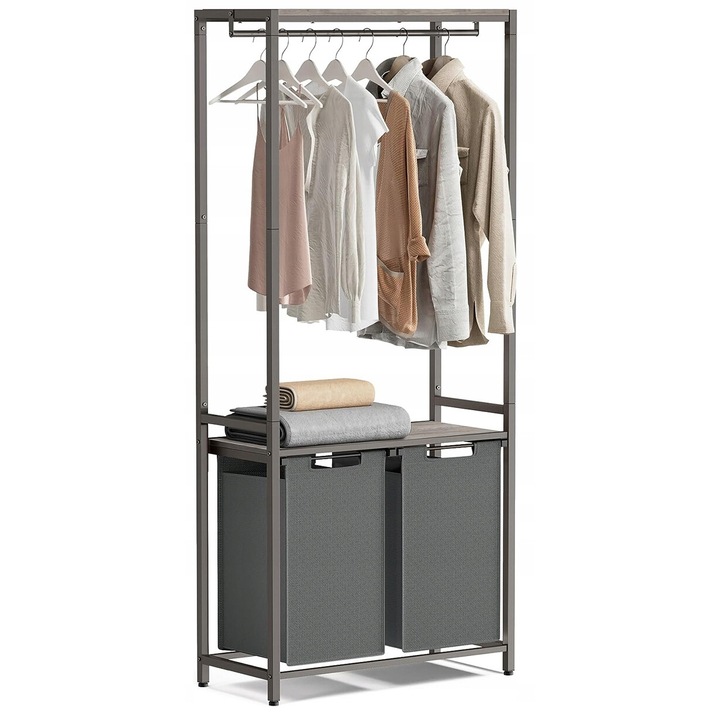 Cos de rufe, 2 compartimente si raft superior, organizator cu cuier, Gri Negru 92L Songmics